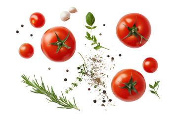 fresh tomato, herbs and spices isolated on transparent and white background.PNG image