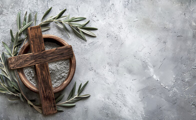 Wall Mural - Ash Wednesday concept withashes, cross and olive leaves on concrete stone background