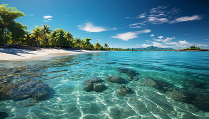 Poster - Idyllic tropical coastline, turquoise waters, palm trees, and tranquil scene generated by AI