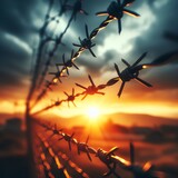 Fototapeta  - Sunset Through Barbed Wire
