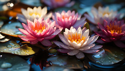 Poster - Vibrant lotus flower reflects elegance and beauty in nature generated by AI