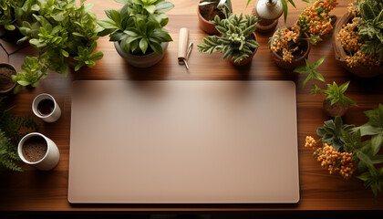 Poster - Modern office desk with plant decoration, blank paper, and computer generated by AI