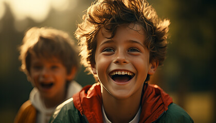 Poster - Smiling boys enjoying nature, carefree and playful in autumn generated by AI