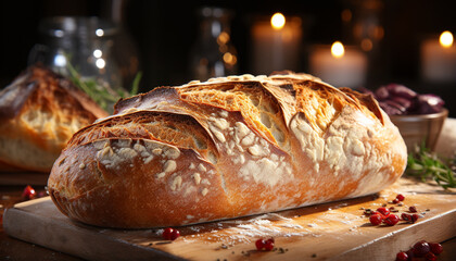 Wall Mural - Freshly baked homemade ciabatta on rustic wooden table generated by AI