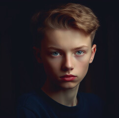 Poster - Serious boy with blond hair, looking at camera, indoors generated by AI