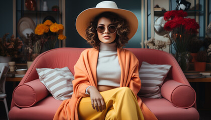 Sticker - Young woman sitting on sofa, looking at camera, smiling generated by AI