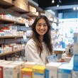 © LifeMedia - A cheerful customer stands in a pharmacy, surrounded by shelves of products, smiling at the camera with a warm expression, radiating confidence and satisfaction
