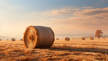 Wall Mural - Sunset over a rural farm, golden haystacks in meadows generated by AI