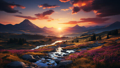 Poster - Majestic mountain peak reflects sunset, nature beauty in meadow generated by AI