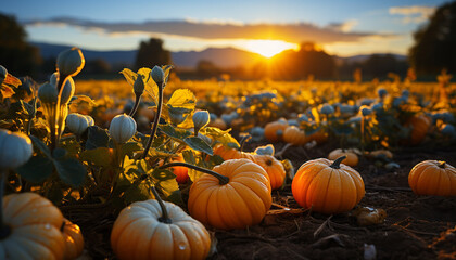 Poster - Autumn sunset paints vibrant pumpkin lanterns in nature meadow generated by AI