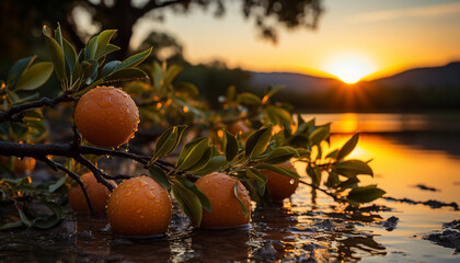 Poster - Freshness of citrus fruit in nature vibrant sunset reflection generated by AI