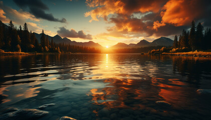 Wall Mural - Sunset over the mountain range reflects in tranquil pond generated by AI