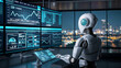 © tantawat - A sleek, futuristic trading room with an AI assistant analyzing data on multiple screens