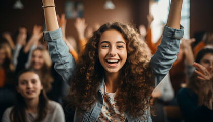 Poster - Young adults enjoying a cheerful party, raising arms in excitement generated by AI