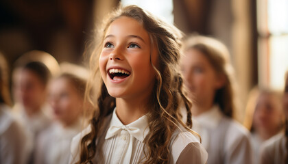 Canvas Print - A cheerful group of children studying in a classroom generated by AI