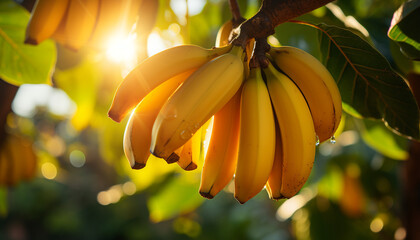 Wall Mural - Fresh, ripe banana on green leaf in sunny orchard generated by AI