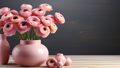 Wall Mural - A beautiful bouquet of pink flowers on a wooden table generated by AI