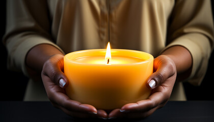 Poster - Hand holding candle, flame burning, symbol of spirituality and relaxation generated by AI