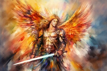 A digital watercolor artwork of Archangel Michael with praying souls in heaven, featuring a spiritual and faith-filled concept with colorful holy light. Generative AI