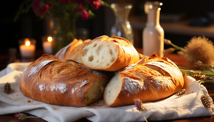 Poster - A homemade ciabatta loaf, fresh and delicious on the table generated by AI