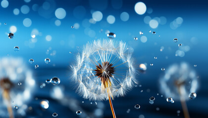 Poster - Fluffy dandelion seed flying in blue meadow, nature fragility generated by AI