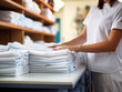 © saquizeta - The hands of a laundry business owner meticulously folding freshly cleaned clothes placing it in a pile, washing and ironing service, the laundry industry