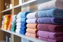 Stack Of Clean Bath Towels In Bathroom Or Hotel Countertop, Elegant And Nice Colors