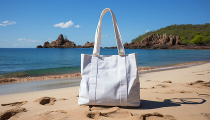 Poster - Blue water wave carrying beach bag on sandy coastline generated by AI