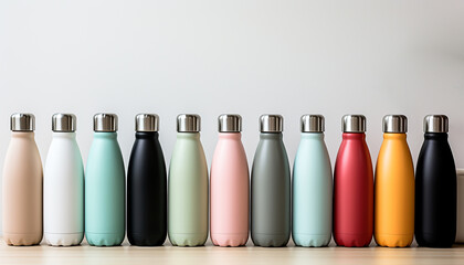 Canvas Print - A collection of colorful bottles on a table, refreshing drinks generated by AI