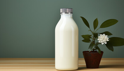 Sticker - Fresh milk in a green bottle, nature healthy drink generated by AI