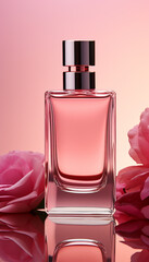 Poster - Aromatherapy perfume bottle sprays pink scent on fresh flower generated by AI