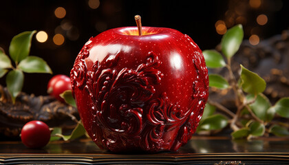 Wall Mural - Fresh apple on wooden table, a healthy and organic snack generated by AI