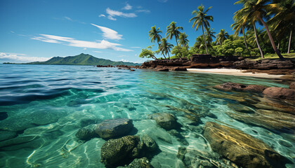 Canvas Print - Tropical paradise  turquoise waters, palm trees, and tranquil relaxation generated by AI