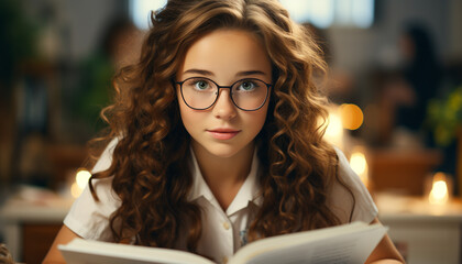 Poster - A young woman studying, smiling, surrounded by books at home generated by AI