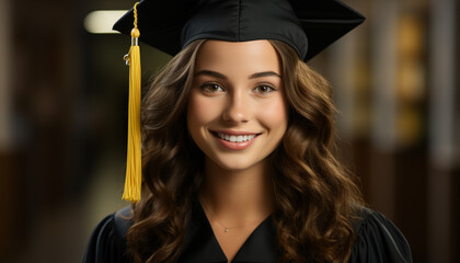 Wall Mural - Young woman with graduation gown and diploma, smiling with pride generated by AI