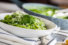Spaghetti. Green Spaghetti With Spinach And Parmesan. Italian And Mediterranean Cuisine