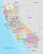Colorful political map of the counties that make up the state of California located in the United States.