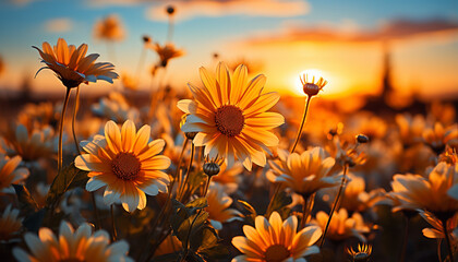 Wall Mural - Sunset meadow, yellow daisy, vibrant sunrise, tranquil chamomile farm generated by AI