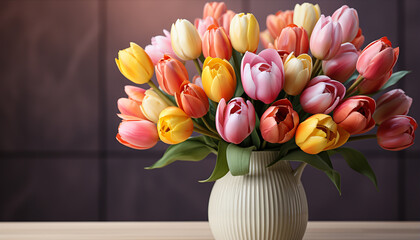 Canvas Print - A vibrant bouquet of multi colored flowers brings freshness and beauty to the wooden table generated by AI