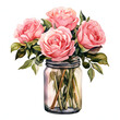 Pink rose arranged in a simple, rustic mason jar, colorful watercolors, watercolor illustration, cute cartoon , sharp outline, white background for removing background, single object.