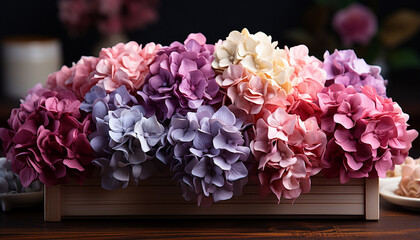 Canvas Print - A rustic vase holds a bunch of pink hydrangeas generated by AI