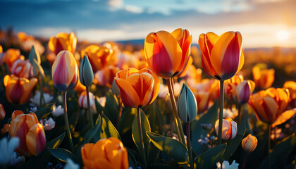 Poster - Vibrant tulip blossom in meadow, nature colorful bouquet generated by AI