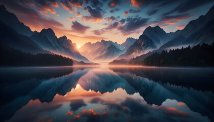 Wall Mural - the serene beauty of dawn at a mountain lake. The scene captures the tranquil waters reflecting the first light of day, with majestic mountains in the background