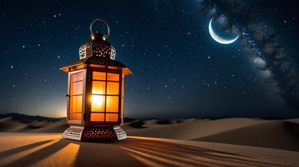 Lantern in the desert at night. 3D rendering.