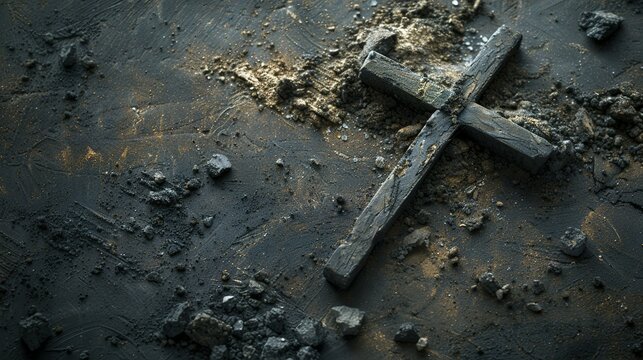 Christian cross and ash as symbol of religion, sacrifice, redemption of Jesus Christ. Ash Wednesday concept