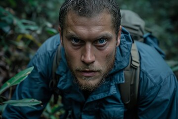 Wall Mural - Portrait of a man with a backpack in the forest. Selective focus.