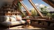 interior design of rooftop attic room with book and plant concept