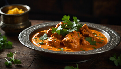 Close up shot of a steaming plate of butter chicken adorned with fresh cilantro leaves, sitting invitingly on a rustic dark wooden table, the creamy sauce glistening under the warm lighting