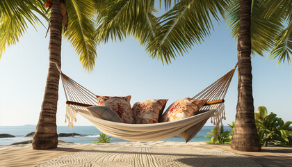 Poster - Relaxing summer vacations in tropical paradise, palm trees and hammocks generated by AI