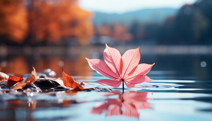 Sticker - Vibrant autumn colors reflect on tranquil pond, nature beauty generated by AI